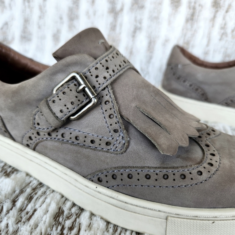 Frye "Gemma Kiltie" Gray Suede Wingtip Fringe Slip On Sneaker | Women's Size 7 - Picture 8 of 11